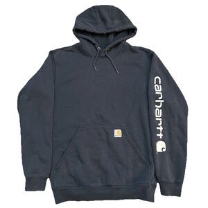 Carhartt Navy Blue Loose Fit Graphic Sleeve Logo Kangaroo Hoodie Size Small